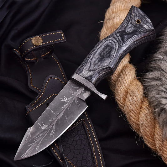 Greywood Feather Damascus Collectible with feather-pattern steel and natural grey wood handle