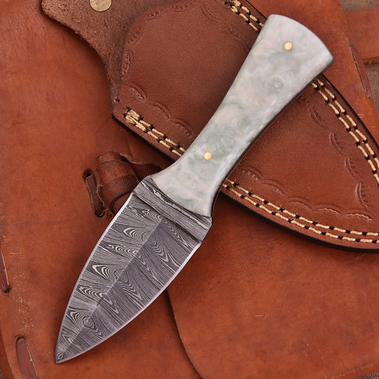 Hand-forged Damascus steel collectible with raindrop pattern and mother of pearl resin handle – Eternal Raindrop gift piece