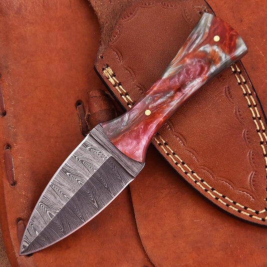 Hand-forged Damascus steel collectible with raindrop pattern and ruby red mixed resin handle – Eternal Raindrop gift piece