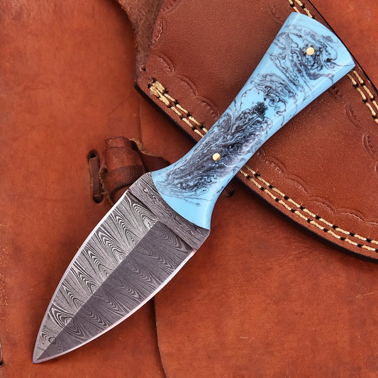 Hand-forged Damascus steel collectible with raindrop pattern and light blue resin handle – Eternal Raindrop gift piece