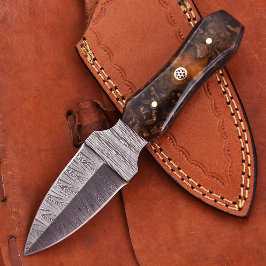 Hand-forged Damascus steel collectible with raindrop pattern and honey-colored resin handle – Raindrop Trail gift piece