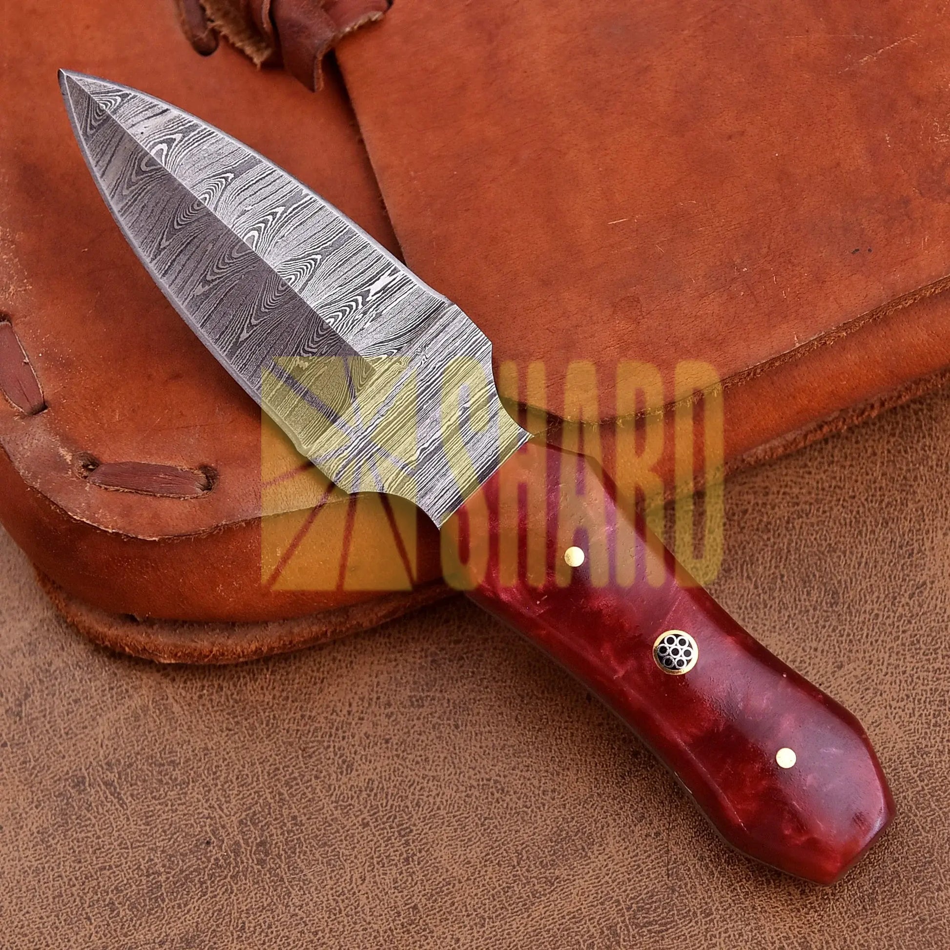 Hand-forged Damascus steel collectible with raindrop pattern and red ruby resin handle – Raindrop Trail gift piece