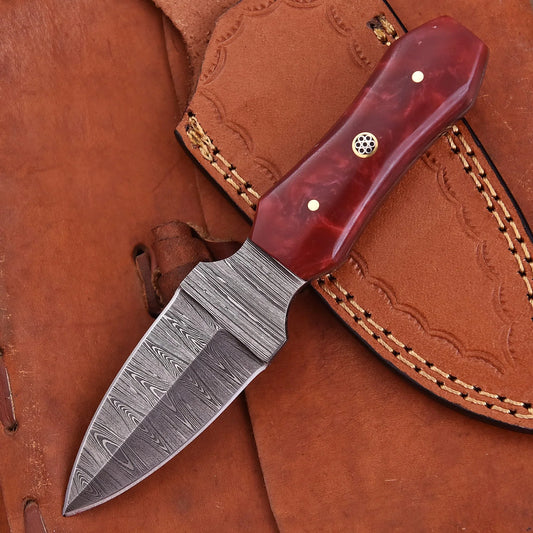 Hand-forged Damascus steel collectible with raindrop pattern and red ruby resin handle – Raindrop Trail gift piece