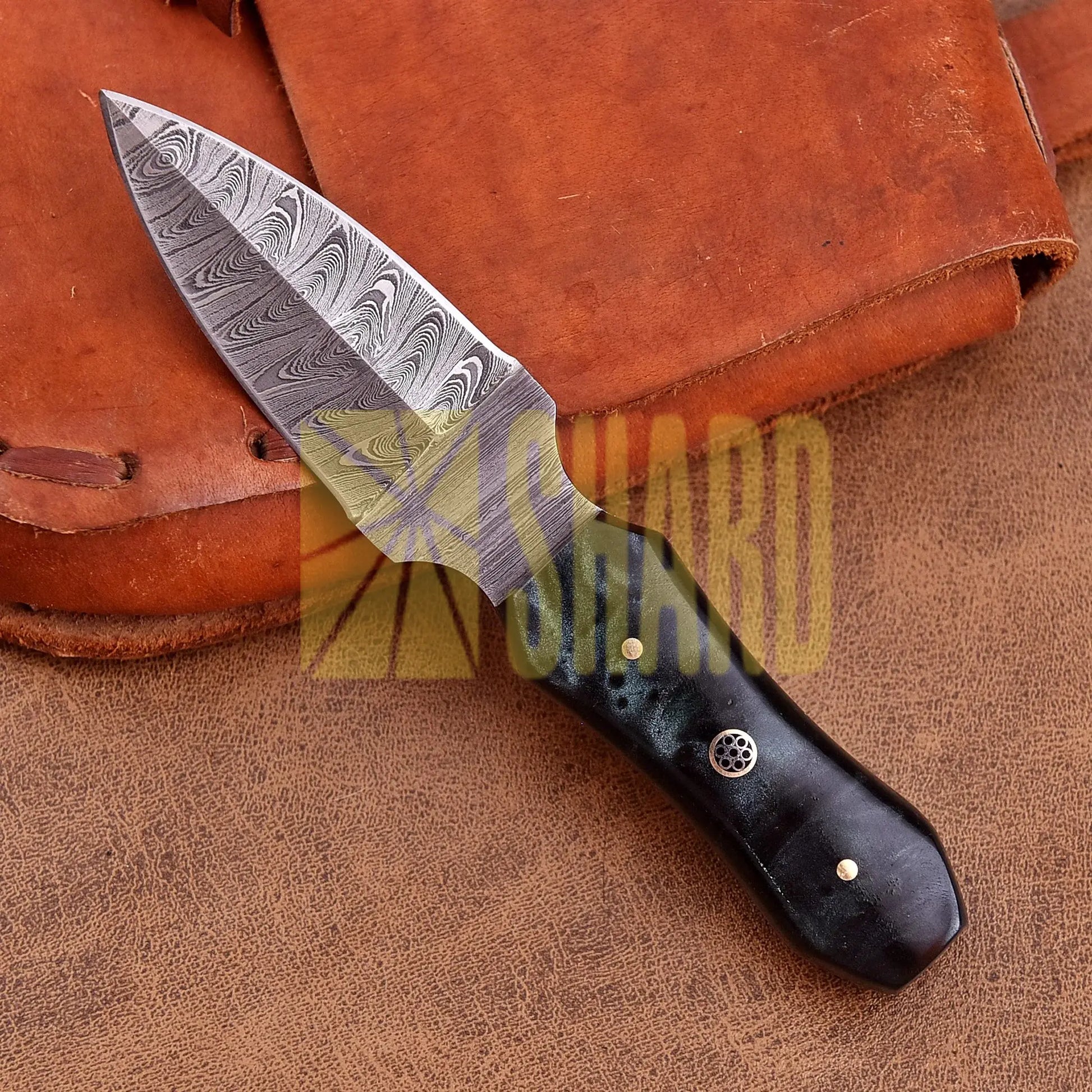 Hand-forged Damascus steel collectible with raindrop pattern and black resin handle – Raindrop Trail gift piece