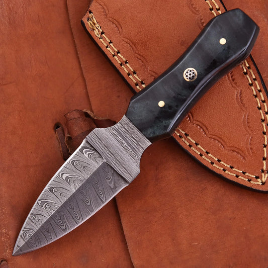 Hand-forged Damascus steel collectible with raindrop pattern and black resin handle – Raindrop Trail gift piece