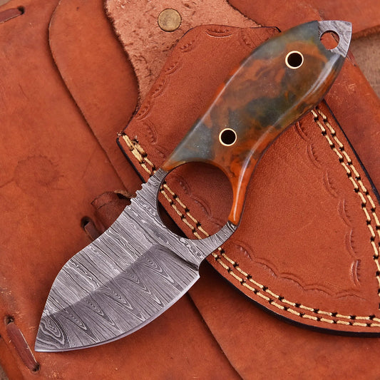 Hand-forged Damascus steel collectible with raindrop pattern and honey-colored resin handle – Raindrop Mini gift piece