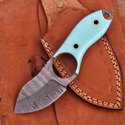 Hand-forged Damascus steel collectible with raindrop pattern and light blue resin handle – Raindrop Mini gift piece