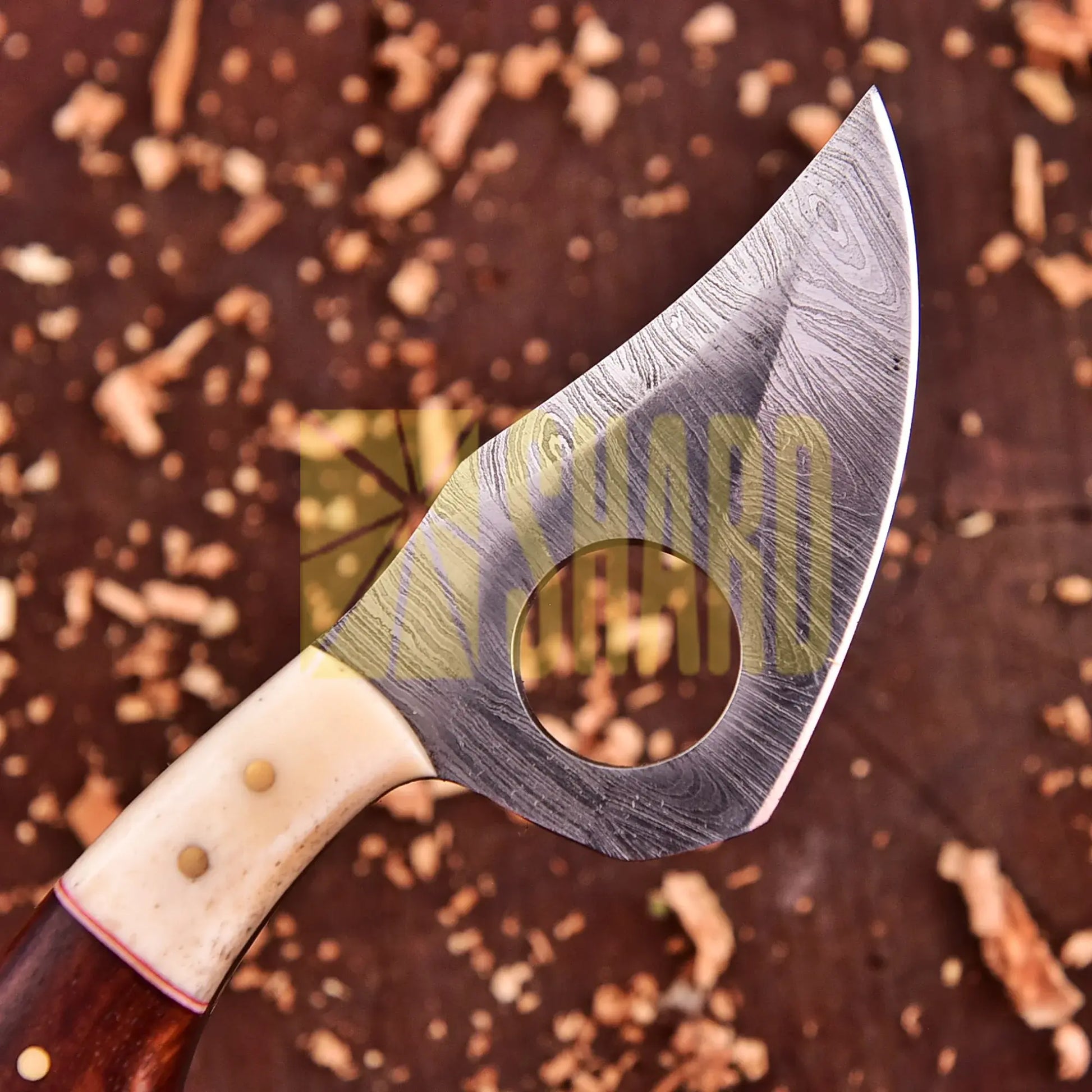 Damascus steel kitchen tool with Forestflare walnut handle and bone bolster – Forestflare by Shard Blade