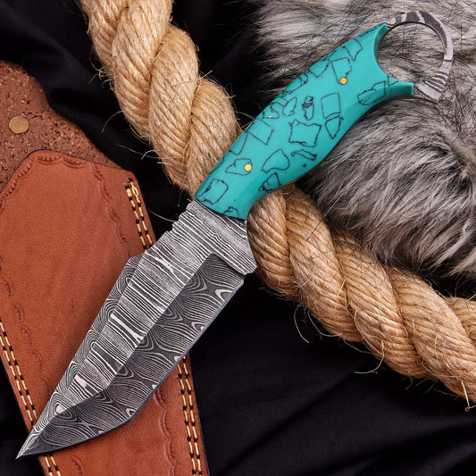 Hand-forged Damascus steel collectible with raindrop pattern and sky blue Micarta handle – Raindrop Mini gift piece