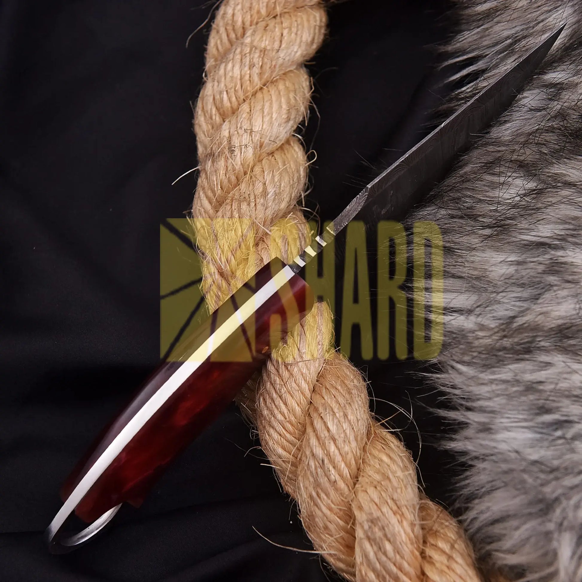 Hand-forged Damascus steel collectible with raindrop pattern and ruby red resin handle – Raindrop Mini gift piece
