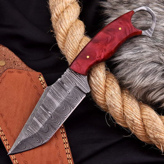 Hand-forged Damascus steel collectible with raindrop pattern and ruby red resin handle – Raindrop Mini gift piece