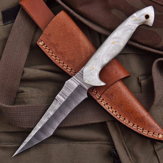 Hand-forged Damascus steel collectible with raindrop pattern and mother-of-pearl resin handle – Raindrop Pearl gift piece