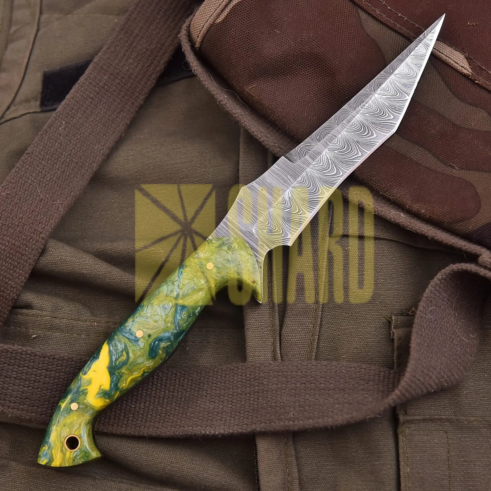 Hand-forged Damascus steel collectible with raindrop pattern and yellow & green mix resin handle – Raindrop Harmony gift piece
