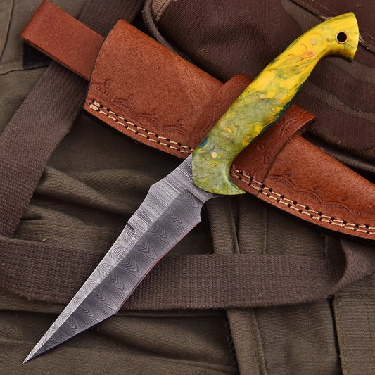 Hand-forged Damascus steel collectible with raindrop pattern and yellow & green mix resin handle – Raindrop Harmony gift piece