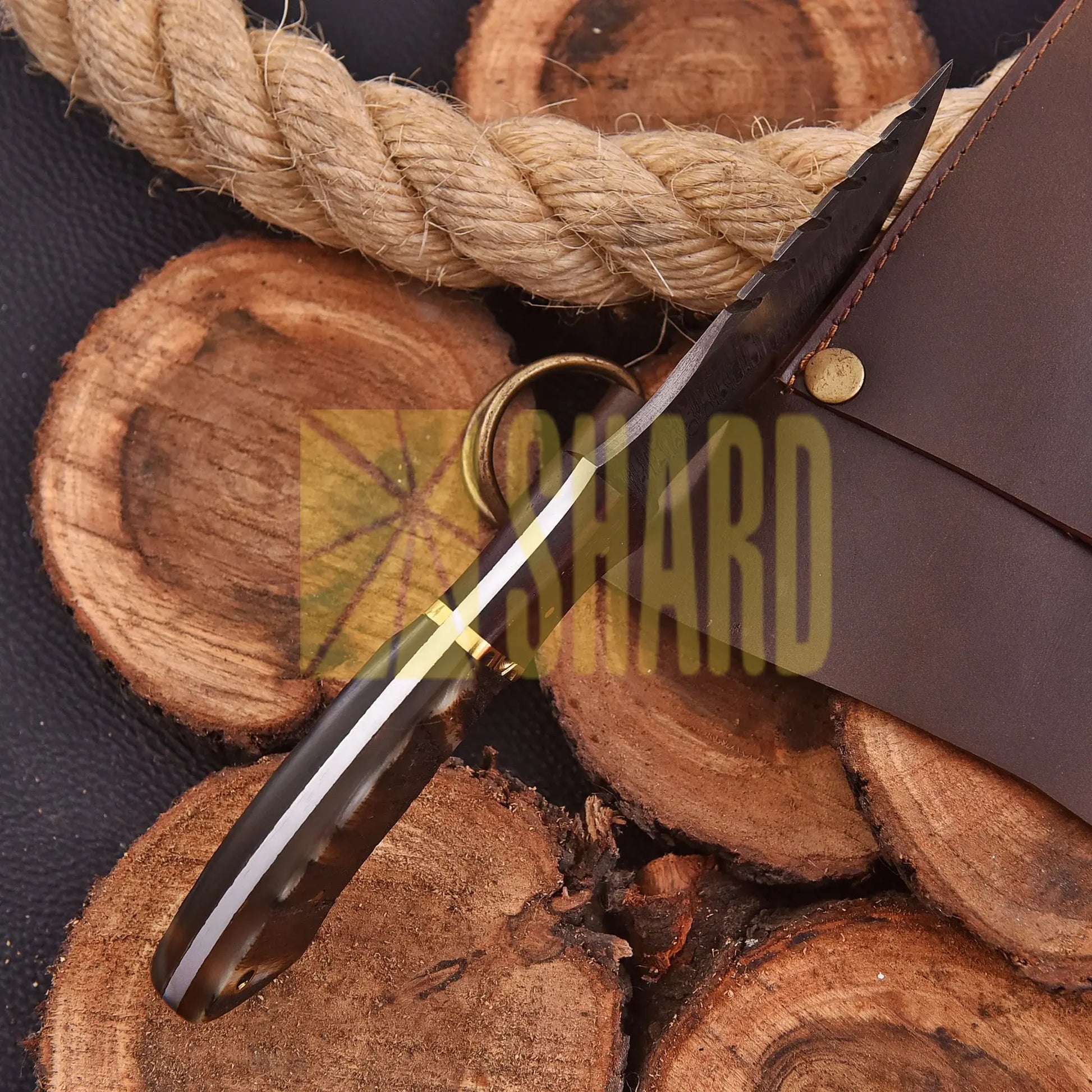 Starlight Voyager Damascus steel collectible with rosewood bolster and stag handle