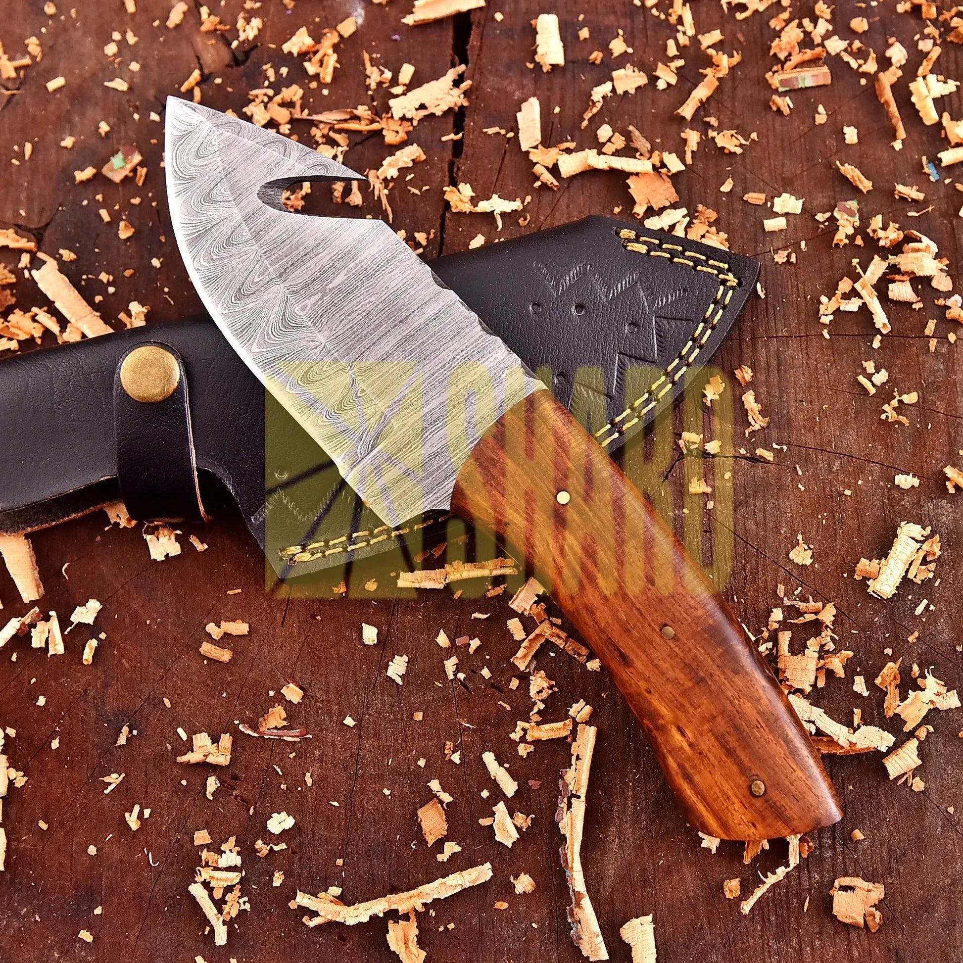 Hand-forged Damascus steel collectible with walnut wood handle and raindrop wave pattern.