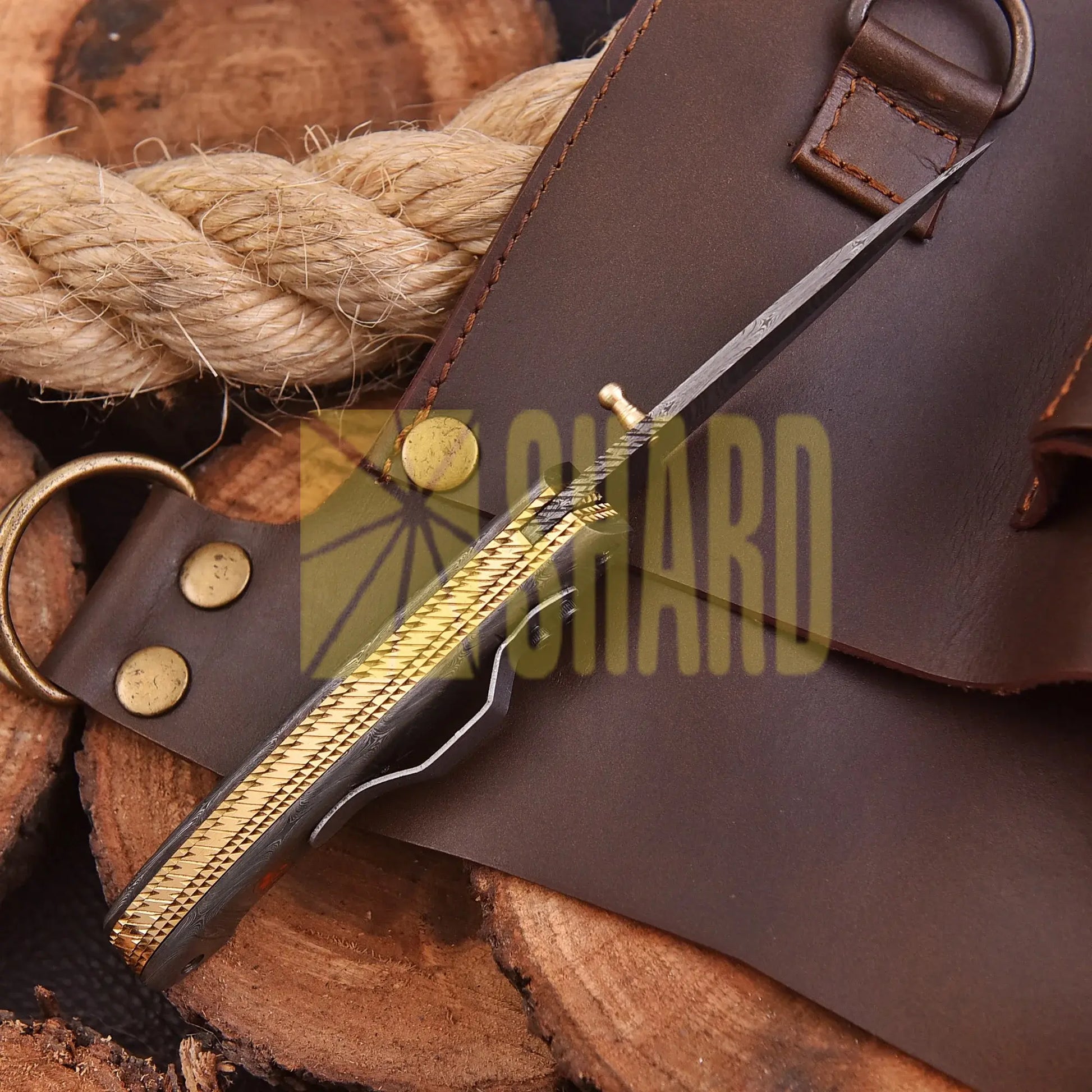 AuroraFold Damascus Collectible with raindrop pattern and folding design, handcrafted with artisan detail