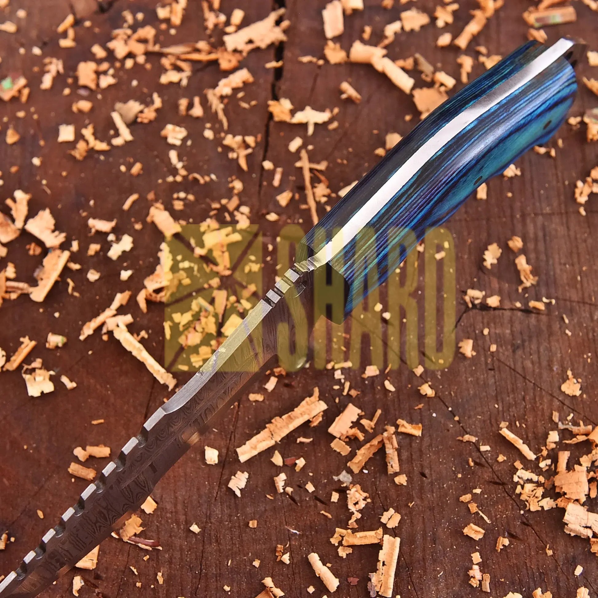 Sapphire Crest Damascus Outdoor Craft with blue dyed wood handle and raindrop wave Damascus steel pattern
