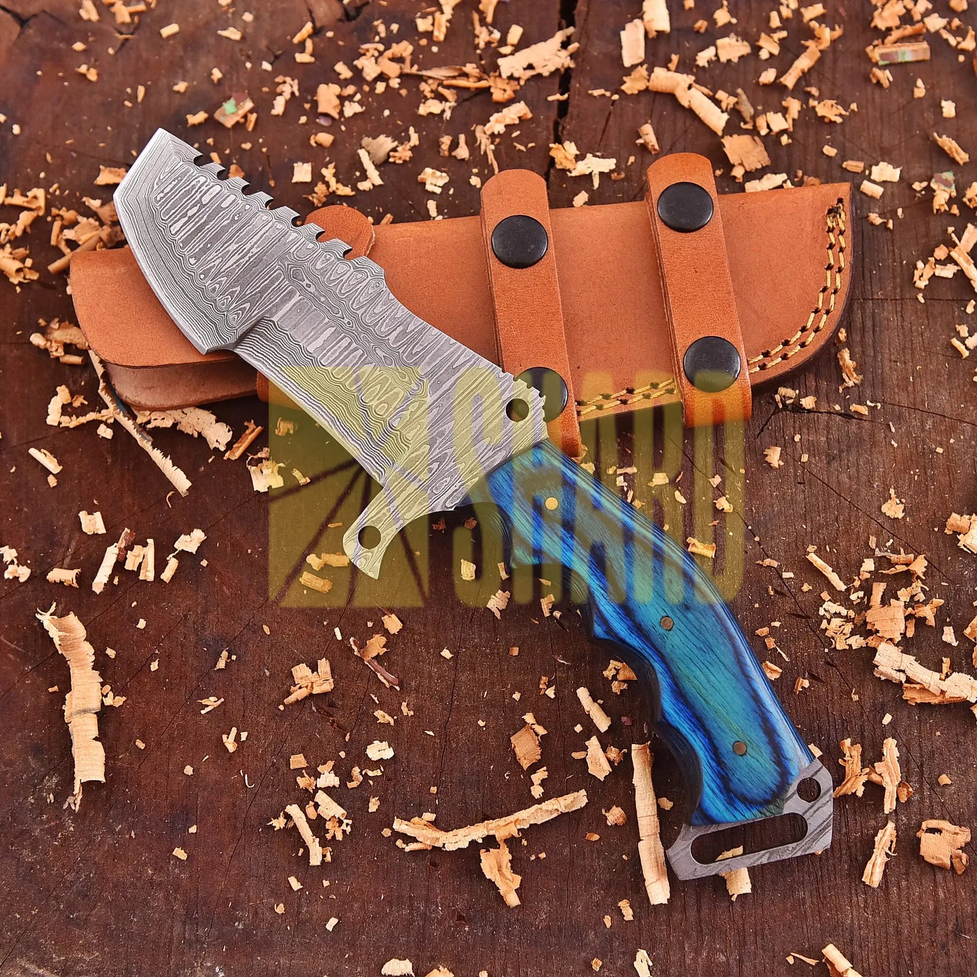 Sapphire Crest Damascus Outdoor Craft with blue dyed wood handle and raindrop wave Damascus steel pattern