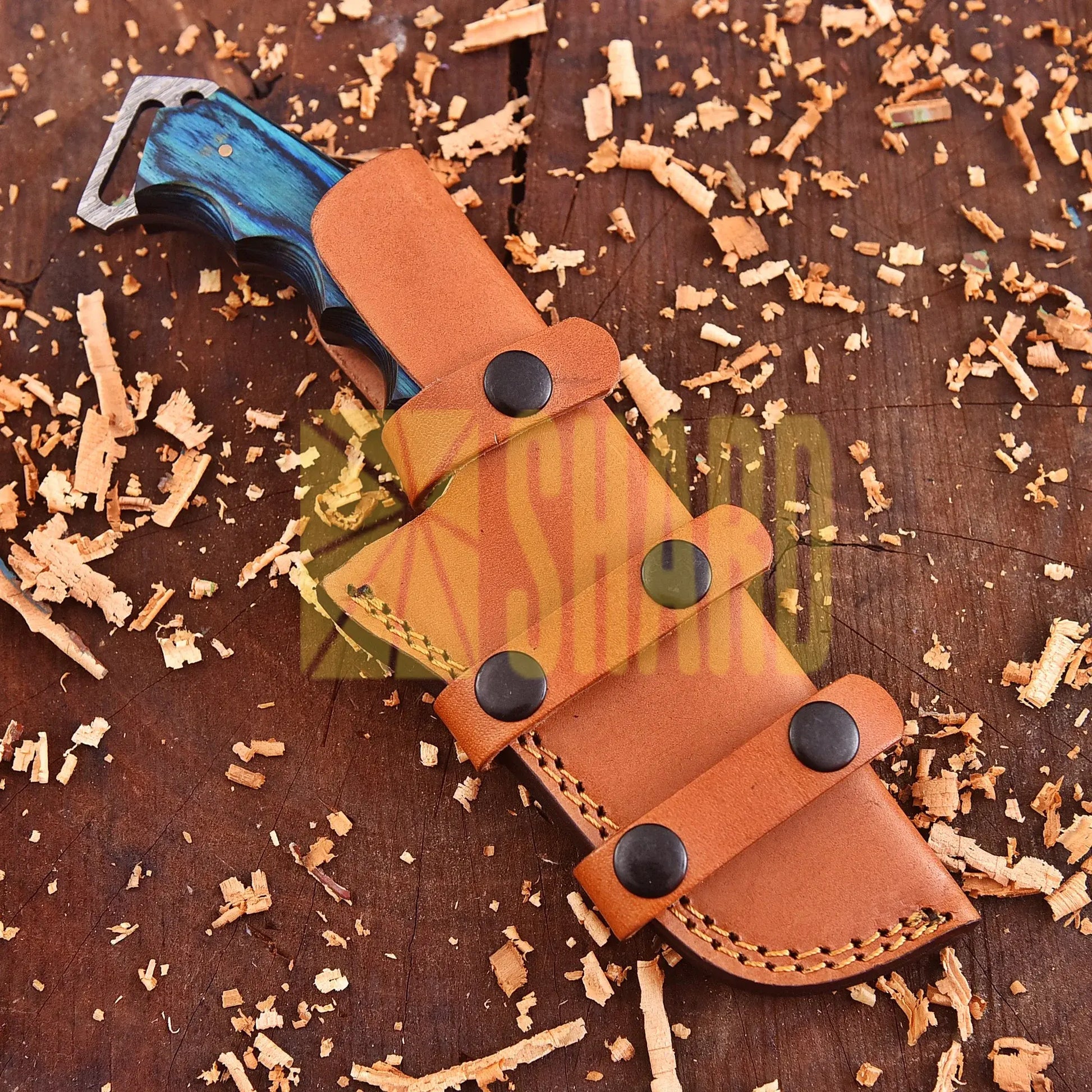 Sapphire Crest Damascus Outdoor Craft with blue dyed wood handle and raindrop wave Damascus steel pattern
