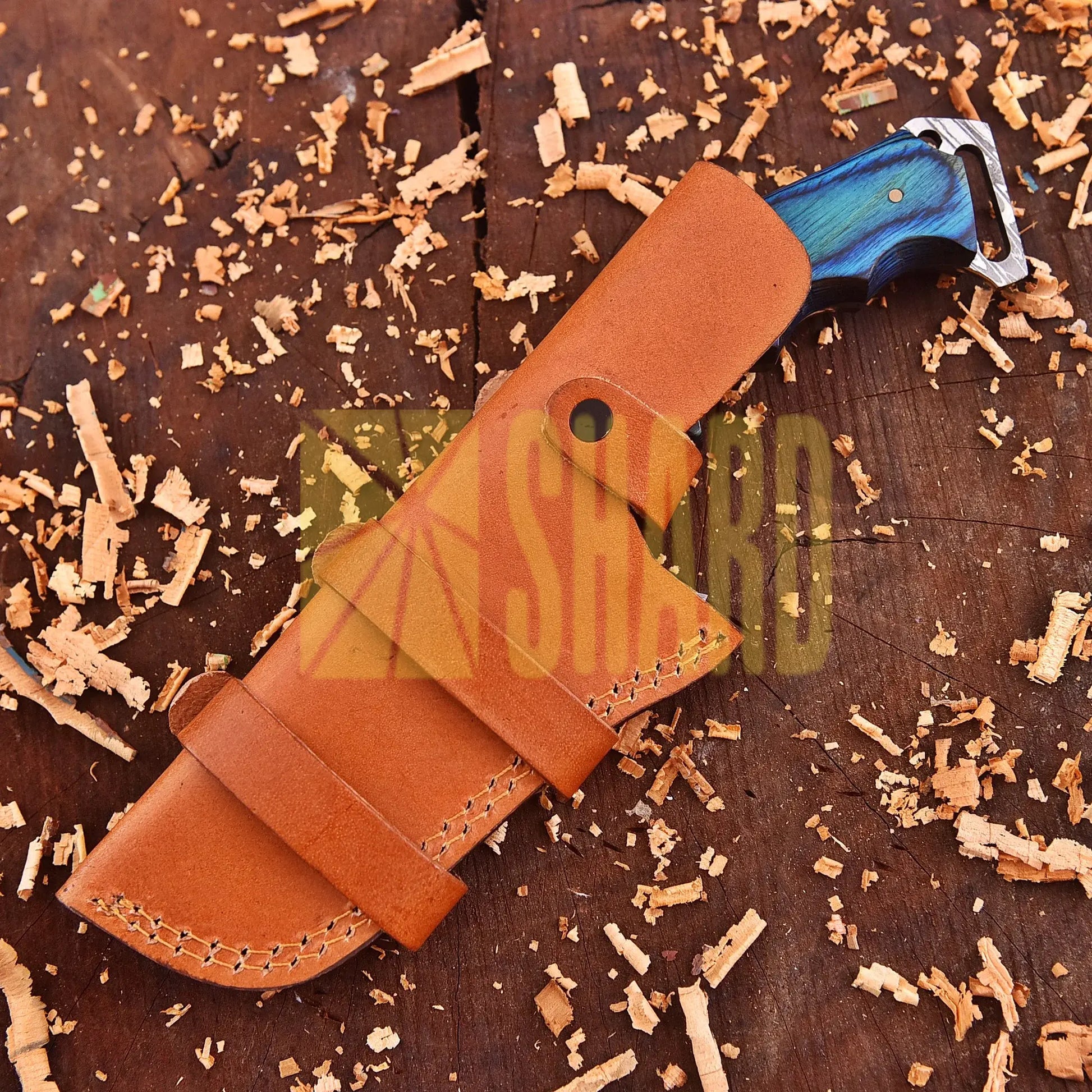Sapphire Crest Damascus Outdoor Craft with blue dyed wood handle and raindrop wave Damascus steel pattern