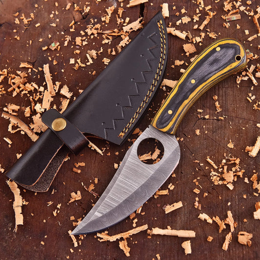Cedarfall Damascus Artisan Tool with raindrop steel pattern and dyed wood handle