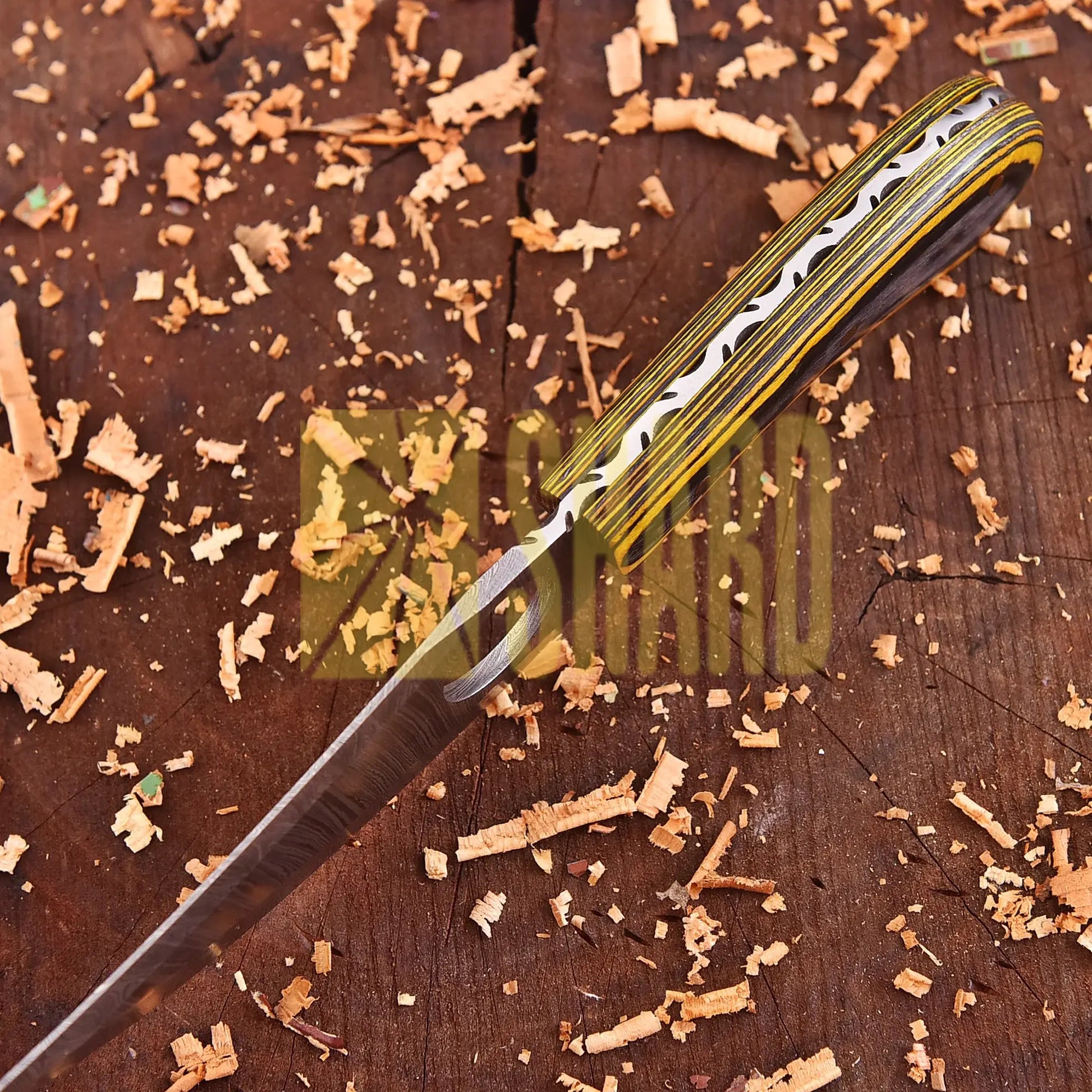 Cedarfall Damascus Artisan Tool with raindrop steel pattern and dyed wood handle