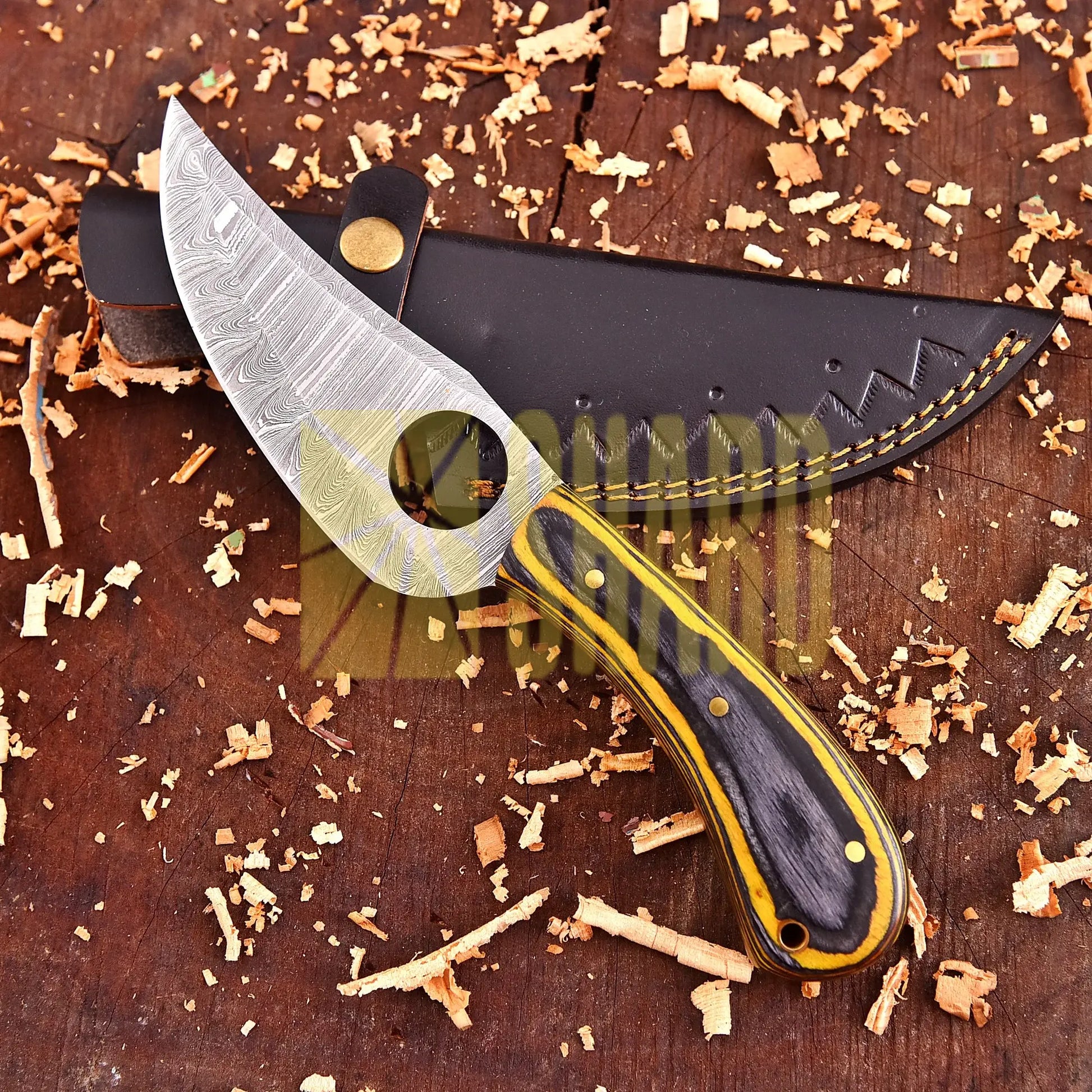 Cedarfall Damascus Artisan Tool with raindrop steel pattern and dyed wood handle