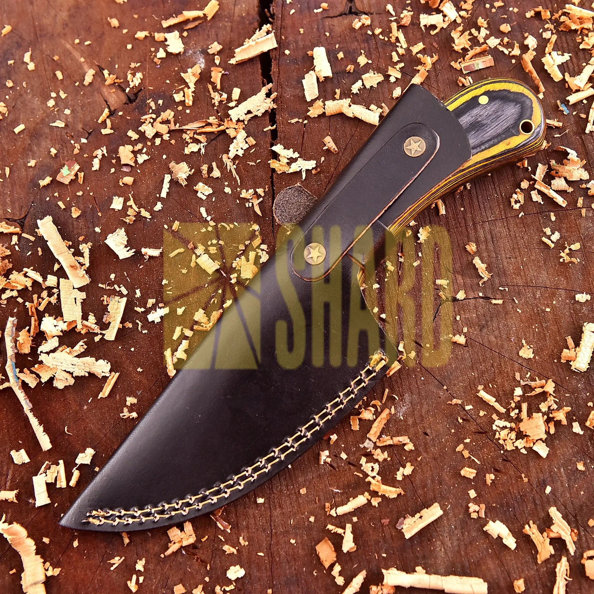 Cedarfall Damascus Artisan Tool with raindrop steel pattern and dyed wood handle