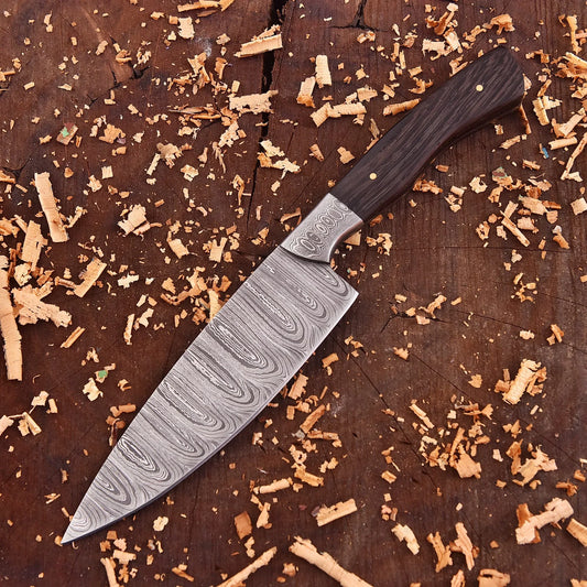 Hand-forged Damascus raindrop steel chef’s tool with rosewood handle – Emberleaf by Shard Blade