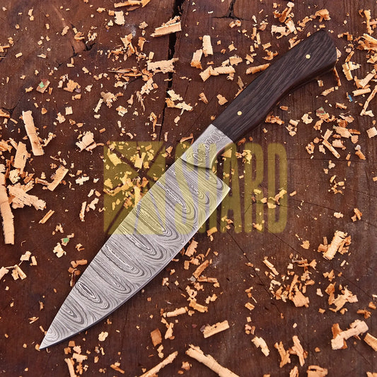 Hand-forged Damascus raindrop steel chef’s tool with rosewood handle – Emberleaf by Shard Blade