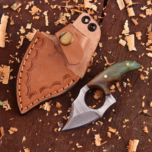 Aurora Grove Damascus Mini Collector’s Tool with orange and green resin handle