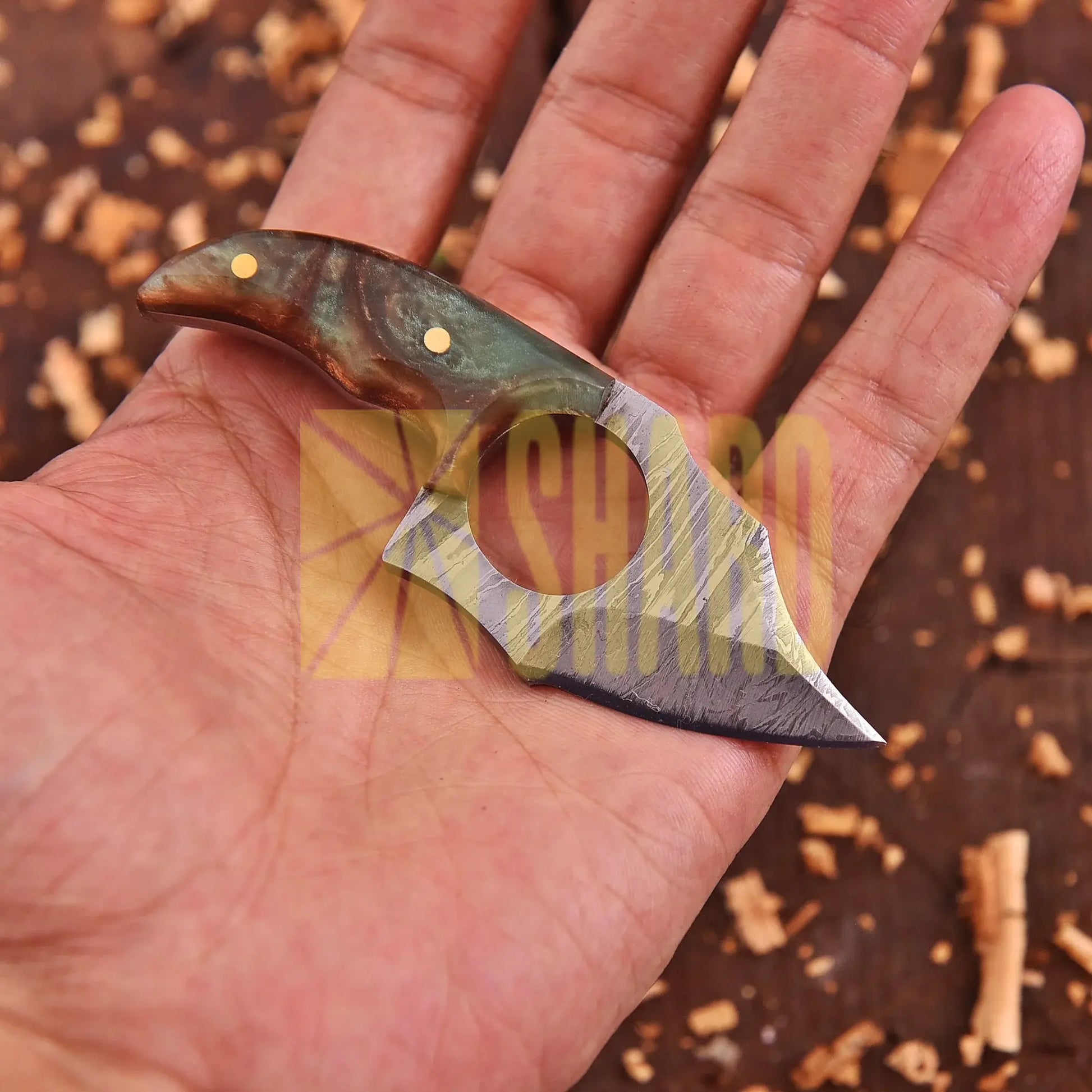 Aurora Grove Damascus Mini Collector’s Tool with orange and green resin handle