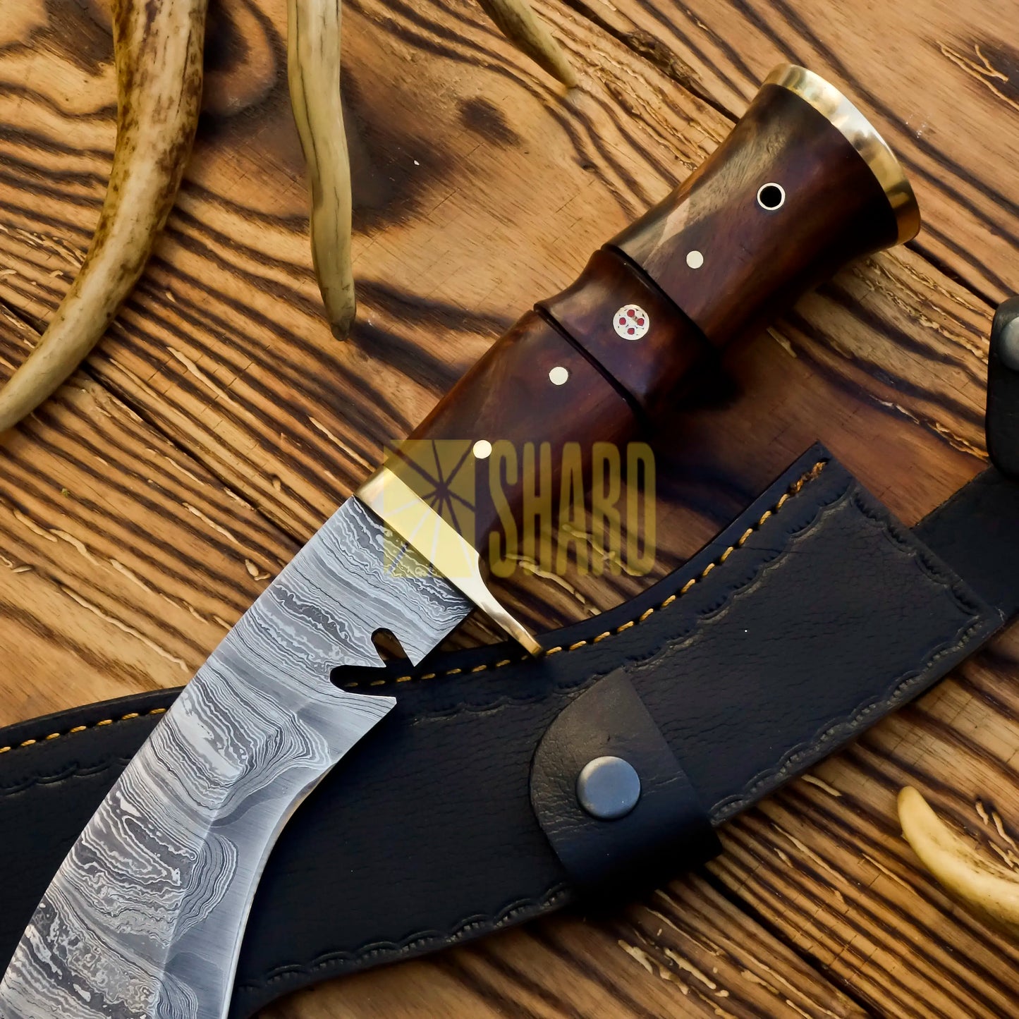 Hand-forged Damascus Kukri knife with polished rosewood handle – King’s Valor 9-inch blade