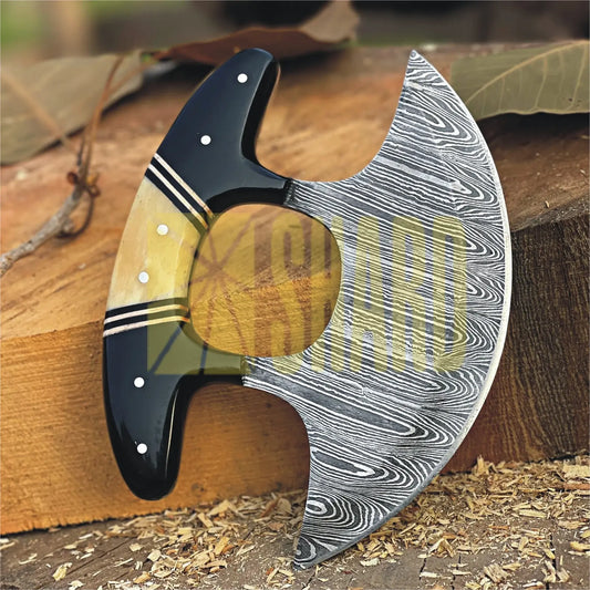 Arctic Ember Ulu Knife – Handmade Damascus Rocker Knife with Black Resin & Natural Wood Handle by Shard Blade
