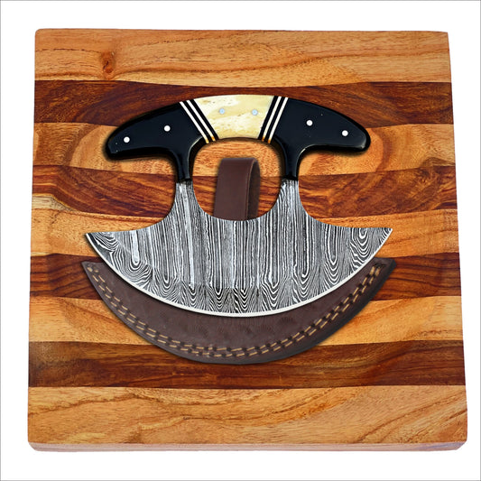 High-quality image of northern forge culinary set – arctic ember ulu knife + glacier hollow chopping bowl by shard blade