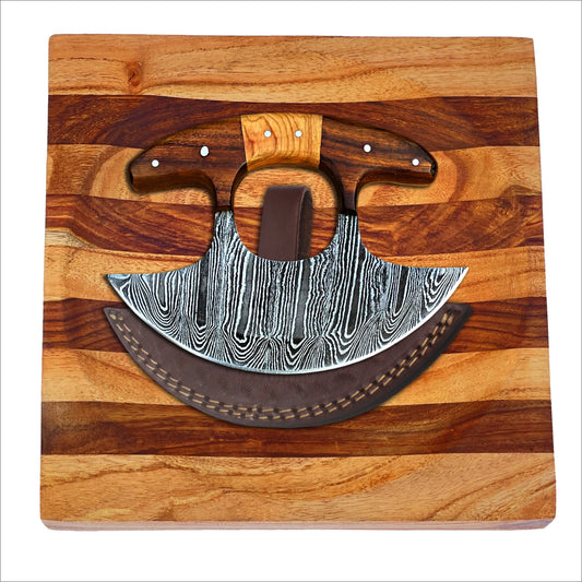 High-quality image of glacier hollow culinary set – damascus ulu rocker knife & 8” handcrafted wooden chopping bowl by shard blade