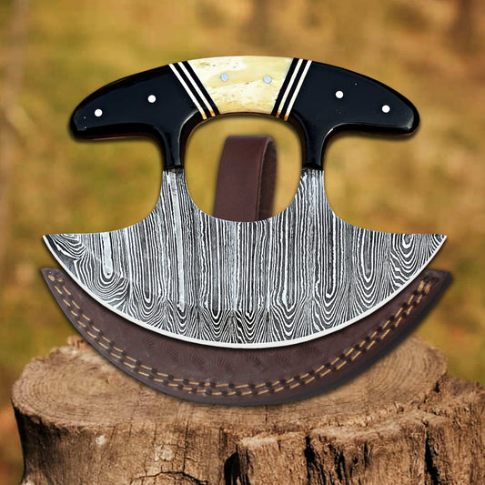 High-quality image of arctic ember ulu knife – handmade damascus rocker knife with black resin & natural wood handle by shard blade