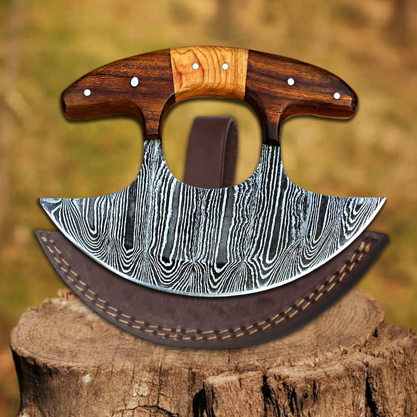 High-quality image of tundra edge damascus ulu rocker – 6” hand-forged pizza & salad chopper by shard blade