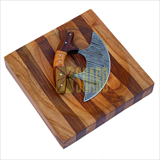 Glacier Hollow Culinary Set – Damascus Ulu Rocker Knife & 8” Handcrafted Wooden Chopping Bowl by Shard Blade