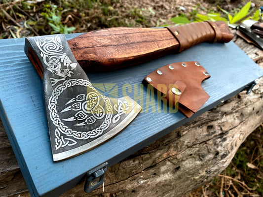 SHARD BLADE HAND FORGED Carbon Steel Battle Ready Throwing Axe  Hatchet VIKING Axe +Sheath With Gifting Box - AX123