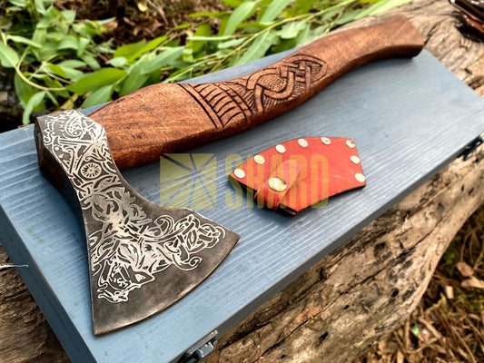 SHARD BLADE HAND FORGED Carbon Steel Hatchet VIKING Axe Battle Ready Throwing Axe +Sheath With Gifting Box -  AX121