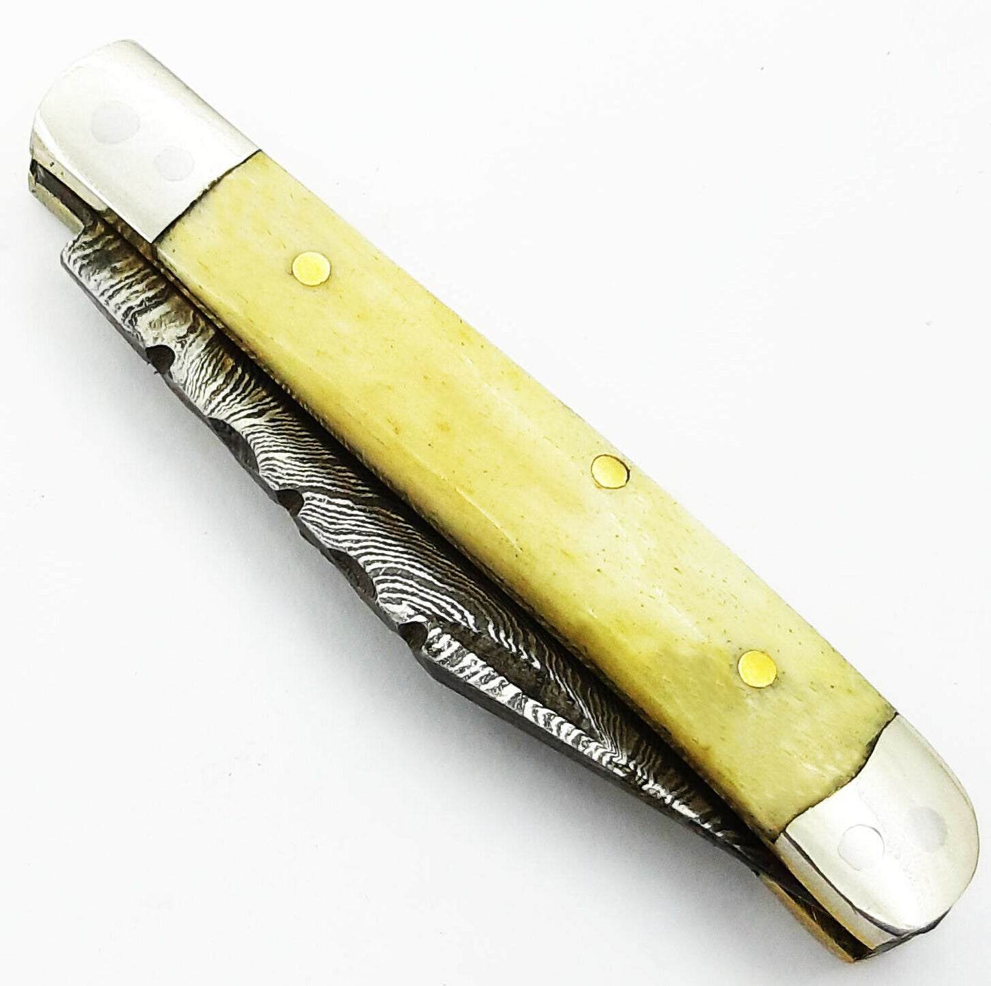 Mini Trapper Pocket Knife Folding Handmade Damascus Steel  "Camel Bone Handle"