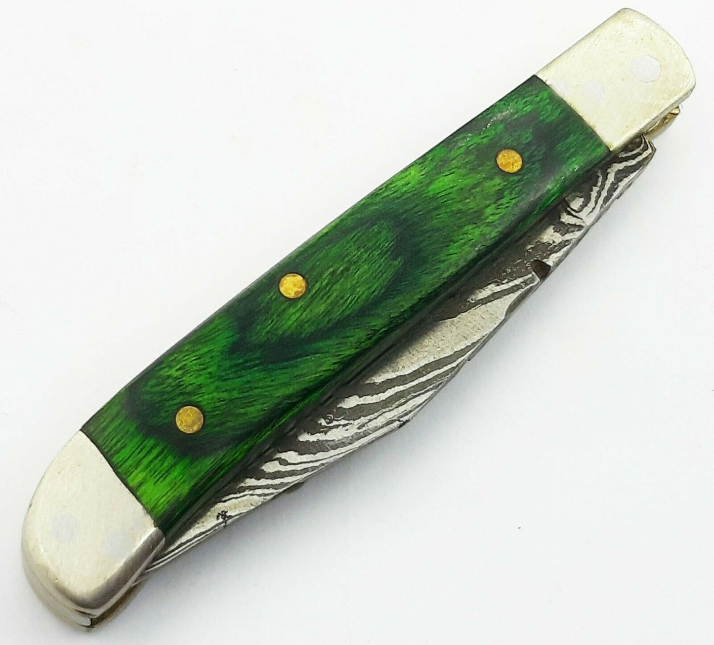 Mini Trapper Pocket Knife Folding Handmade Damascus Steel  "Green Wood Handle"