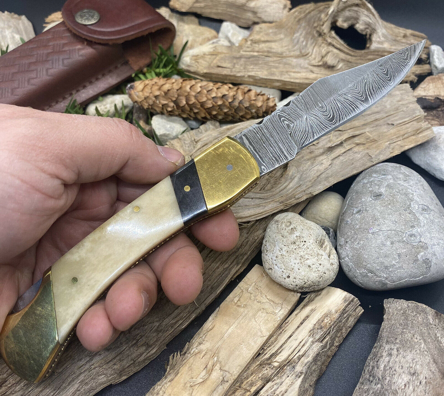 Custom HAND FORGED Damascus Steel Back Lock Folding Pocket Knife Bone Handle