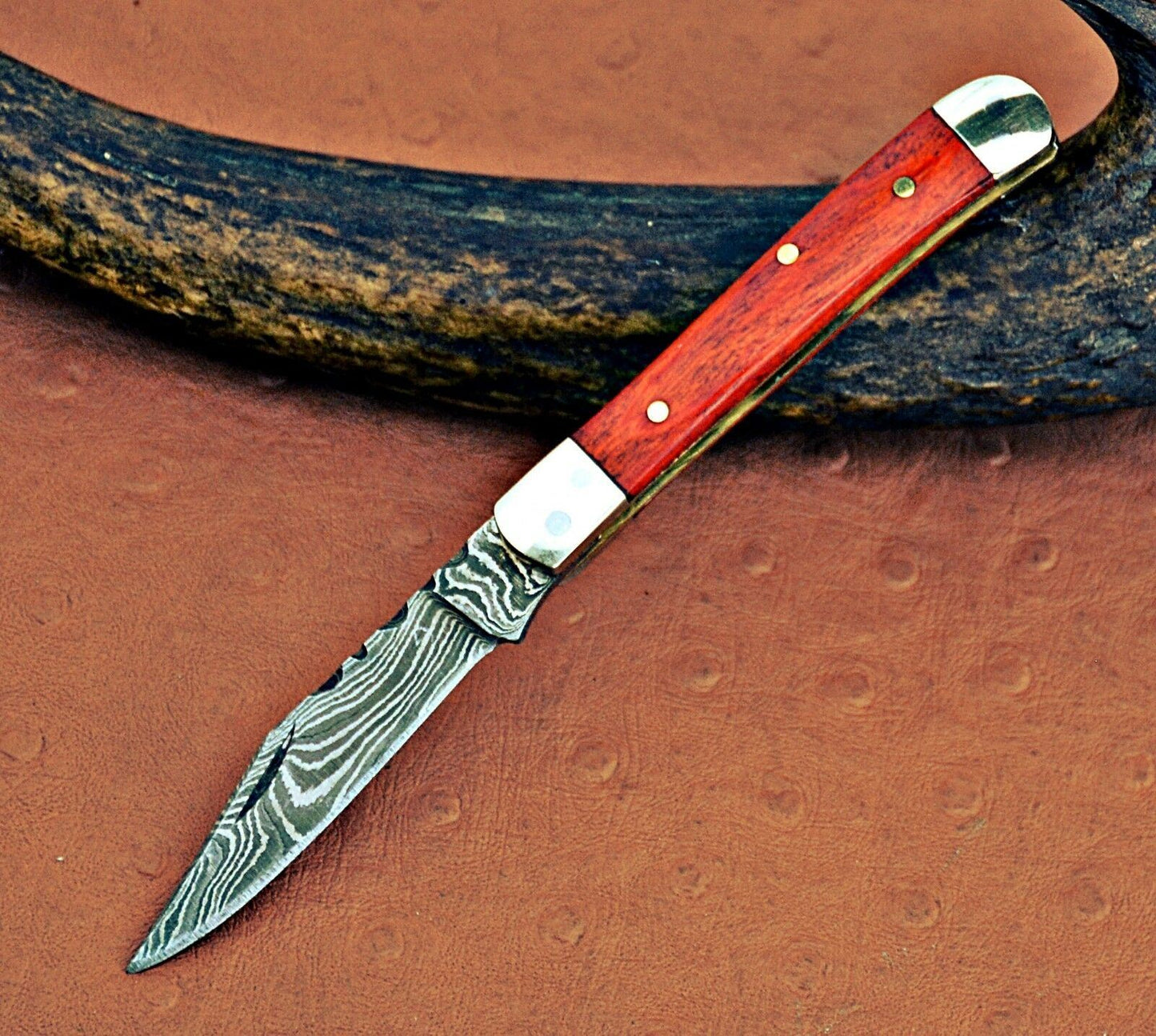 Mini Trapper Custom Handmade Damascus Steel Blade Folding Pocket Knife 5"