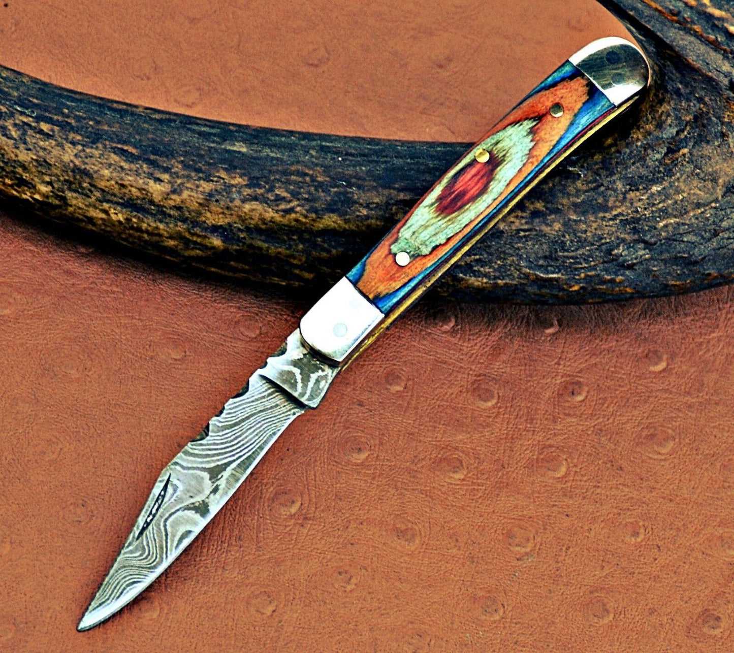 Mini Trapper Custom Handmade Damascus Steel Blade Folding Pocket Knife 5"