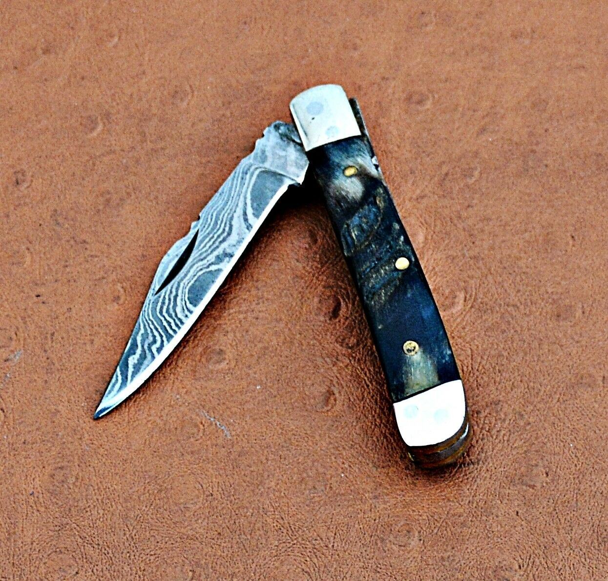 Mini Trapper Custom Handmade Damascus Steel Blade Folding Pocket Knife 5"