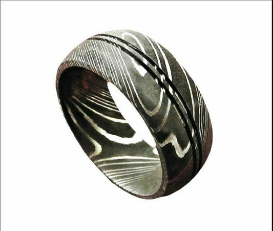 Handmade Damascus Steel Ring 7mm Inlay Design Wedding Ring -Men's Jewelry Band