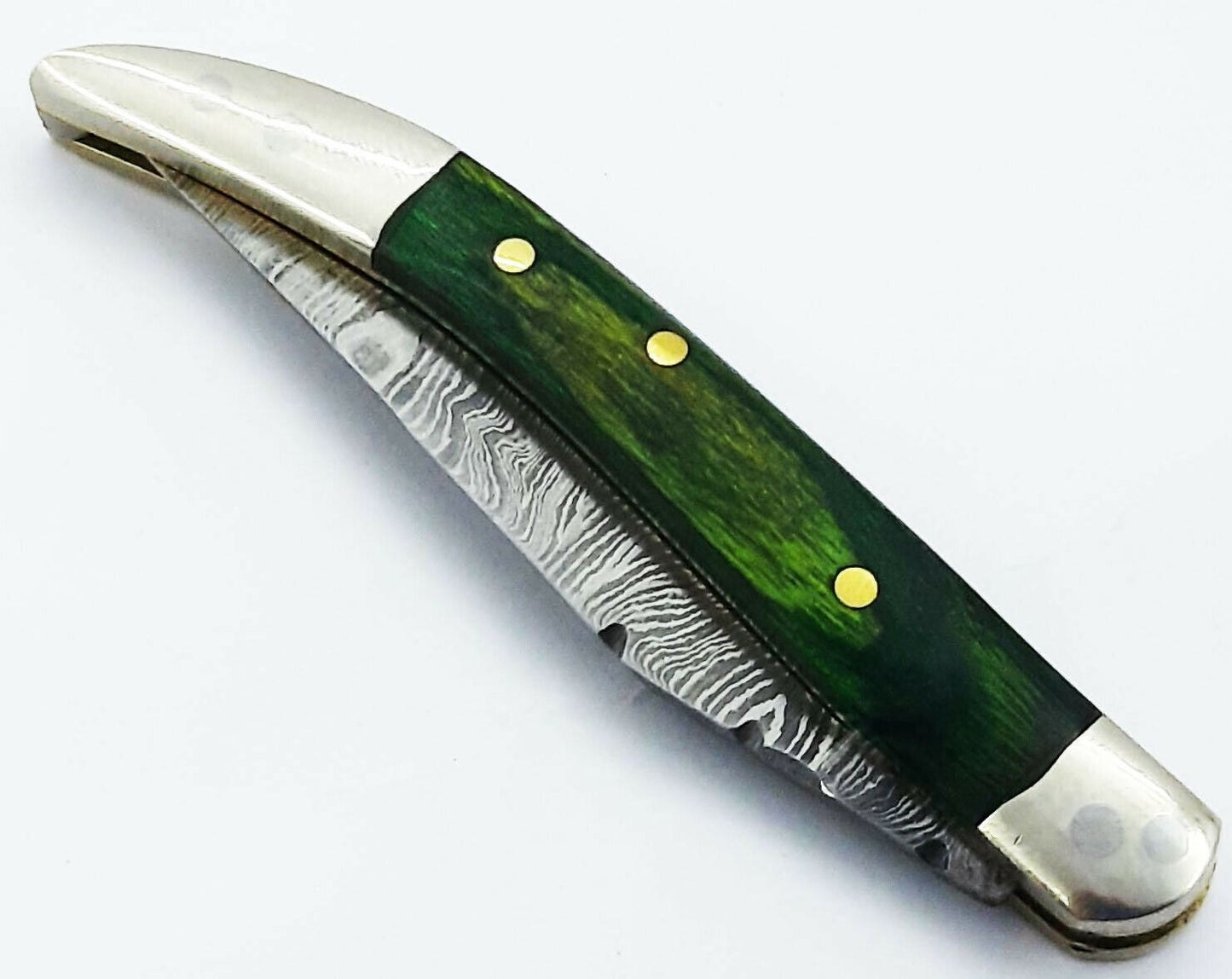 Texas Toothpick Handmade Damascus Steel Folding Pocket Knife "Green Wood Handle"